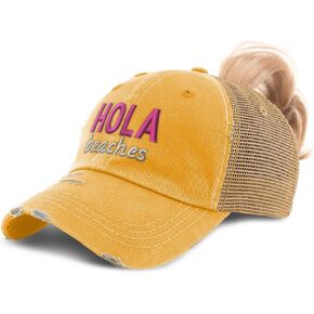 Speedy Pros Womens Ponytail Cap Hola Beaches Cotton Distressed Trucker Hats in Saudi Arabia