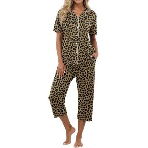 PrinStory Capri Pajamas for Womens Button Down Pjs Short Sleeve Comfy Lounge Set 2 Piece Pj Sets with Pockets in Kuwait