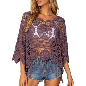 Crochet Tops for Women Summer Cover Up Boho Top Oversized Coverups 3/4 Sleeve Crewneck Hollow Out Knit Beach Swimsuit Coverup in Kuwait