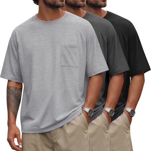 August Alley 3 Pack Men's Oversized Short Sleeve Shirts Crewneck Casual Tops with Pocket Workout Loose Fit Summer Basic Tee in Saudi Arabia