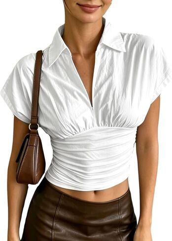 Women's Collar V Neck Ruched Crop Blouse Short Sleeve Crop Shirt Top in Saudi Arabia
