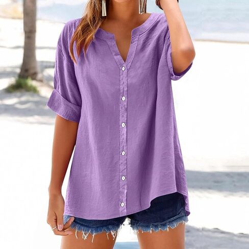 Womens Button Down Shirts Roll Up Sleeve Dressy Casual Blouses V Neck Summer Linen Work Shirts Tops Loose Fit Clothes in Kuwait