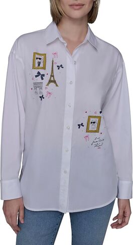Karl Lagerfeld Women's Long Sleeve Collared Neck Whimsy Oversized Button Down in Kuwait