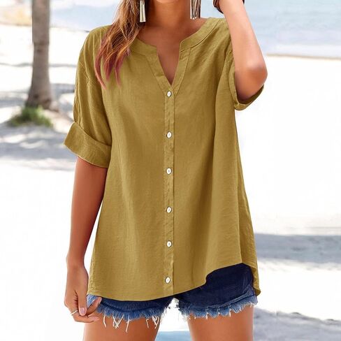 Womens Button Down Shirts Roll Up Sleeve Dressy Casual Blouses V Neck Summer Linen Work Shirts Tops Loose Fit Clothes in Kuwait