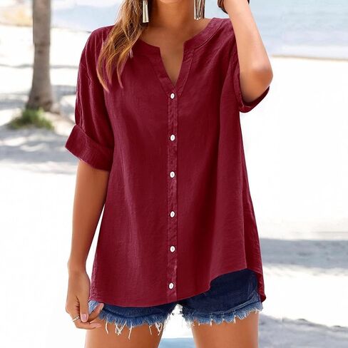 Womens Button Down Shirts Roll Up Sleeve Dressy Casual Blouses V Neck Summer Linen Work Shirts Tops Loose Fit Clothes in Kuwait