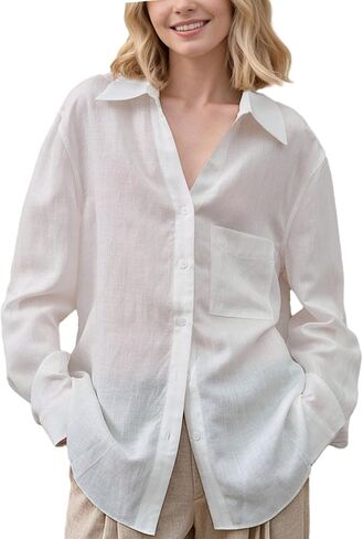 Women's 100% Linen Shirt Button Down Roll Up Long Sleeve Collared Casual Top Summer Vacation Beach Blouse in Kuwait