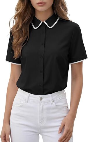 Rooscier Women's Collared Neck Button Down Short Sleeve Casual Blouse Top Shirts in Kuwait