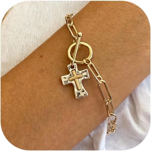 Cross Bracelet for Women Vintage Style Two-Tone Cross Chain Bracelet Gold Plated Paperclip Link Adjustable OT Clasp Jewelry in Saudi Arabia