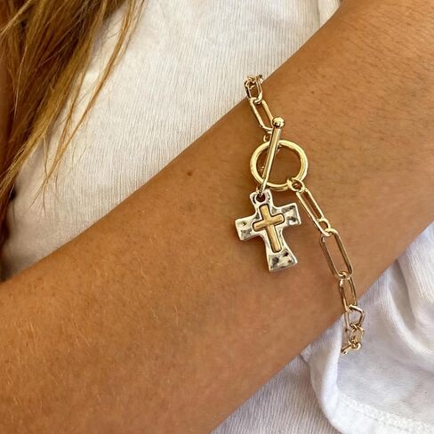 Cross Bracelet for Women Vintage Style Two-Tone Cross Chain Bracelet Gold Plated Paperclip Link Adjustable OT Clasp Jewelry in Saudi Arabia