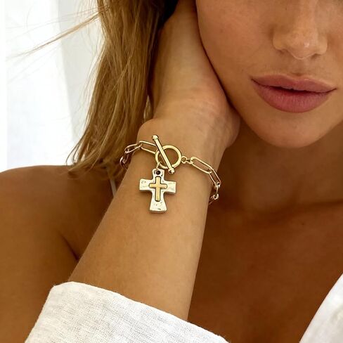 Cross Bracelet for Women Vintage Style Two-Tone Cross Chain Bracelet Gold Plated Paperclip Link Adjustable OT Clasp Jewelry in Saudi Arabia