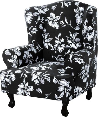 Floral Printed Fleece Wingback Chair Slipcover - 1-Piece Super Stretch Wing Chair Cover, Elastic Bottom for Easy Fit, Modern Style Furniture Protector (Navy) in Kuwait