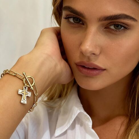 Cross Bracelet for Women Vintage Style Two-Tone Cross Chain Bracelet Gold Plated Paperclip Link Adjustable OT Clasp Jewelry in Saudi Arabia