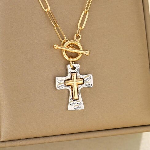 Cross Bracelet for Women Vintage Style Two-Tone Cross Chain Bracelet Gold Plated Paperclip Link Adjustable OT Clasp Jewelry in Saudi Arabia