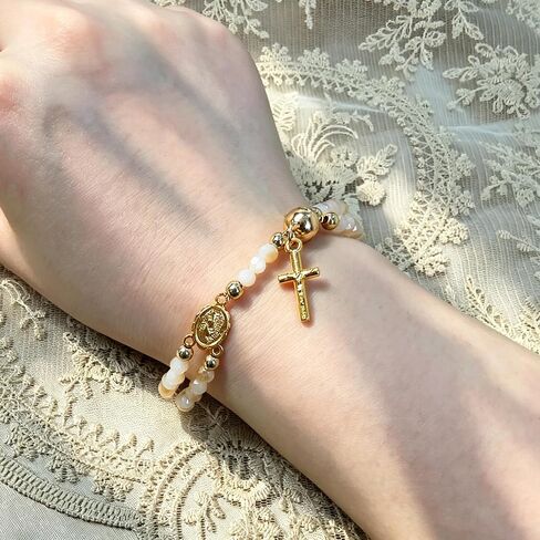 Rosary Cross Bracelet for Women Catholic Layered Beaded Cross Charm Chain Bracelet Trendy Christian Prayer Rosary Link Bracelets Unique Statement Catholic Gift in Saudi Arabia