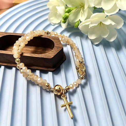 Rosary Cross Bracelet for Women Catholic Layered Beaded Cross Charm Chain Bracelet Trendy Christian Prayer Rosary Link Bracelets Unique Statement Catholic Gift in Saudi Arabia