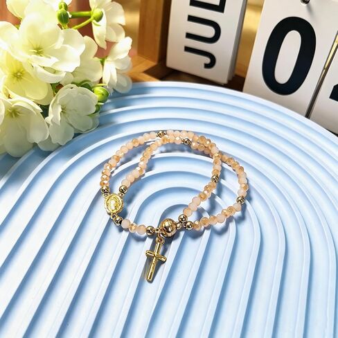 Rosary Cross Bracelet for Women Catholic Layered Beaded Cross Charm Chain Bracelet Trendy Christian Prayer Rosary Link Bracelets Unique Statement Catholic Gift in Saudi Arabia