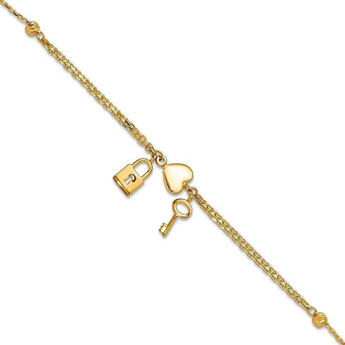 JewelryWeb 8mm 14k Solid Yellow Gold Polished and Sparkle-Cut Love Heart Lock And Key With .5inch Extension Bracelet 7 Inch Link Bracelet for Women in Kuwait