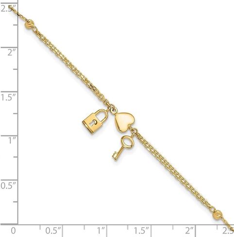 JewelryWeb 8mm 14k Solid Yellow Gold Polished and Sparkle-Cut Love Heart Lock And Key With .5inch Extension Bracelet 7 Inch Link Bracelet for Women in Kuwait