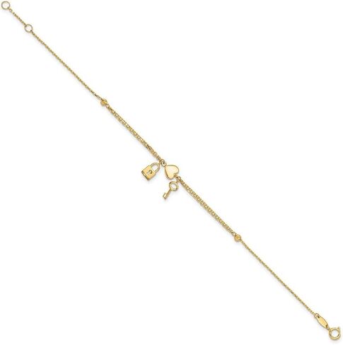 JewelryWeb 8mm 14k Solid Yellow Gold Polished and Sparkle-Cut Love Heart Lock And Key With .5inch Extension Bracelet 7 Inch Link Bracelet for Women in Kuwait