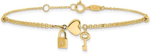 JewelryWeb 8mm 14k Solid Yellow Gold Polished and Sparkle-Cut Love Heart Lock And Key With .5inch Extension Bracelet 7 Inch Link Bracelet for Women in Kuwait