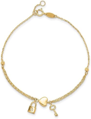 JewelryWeb 8mm 14k Solid Yellow Gold Polished and Sparkle-Cut Love Heart Lock And Key With .5inch Extension Bracelet 7 Inch Link Bracelet for Women in Kuwait