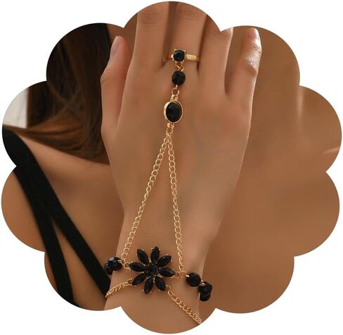 Gold Hand Chain Bracelet for Women Gold Link Penadnt Chain Adjustable Bracelets Set Layered Crystal Link Dainty Finger Ring Trendy Jewelry in Saudi Arabia