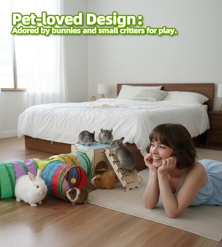 hiimalex 3-in-1 Gift for Bunny: Rabbit Wooden Castle with Ramp, Plush Bed and Collasiple Tunnel for Indoor Rabbit Guinea Pigs Hamsters Chinchilla Gerbil Hedgehog to Play Hide and Rest in Kuwait