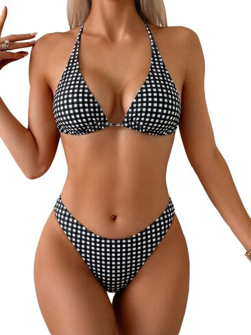 SHENHE Women's Gingham Plaid Bikini Set 2 Piece Triangle Halter Low Rise Swimsuits Bathing Suits in Kuwait