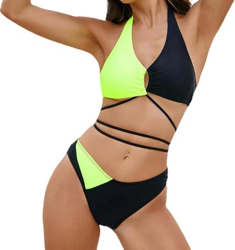 Women's Sexy Fluorescent Green & Black Colorblock Tie-Side Bikini Set in Saudi Arabia