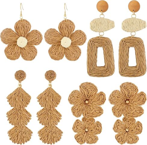ILGANT 4 Pairs Handmade Boho Flower Earrings Set for Women, Bohemian Rattan Dangle Drop Earrings Cute Tropical Summer Vacation Beach Jewelry Fun Fashion in Saudi Arabia