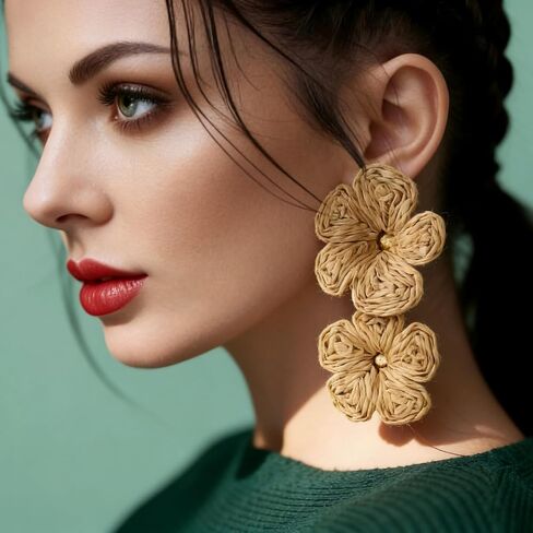 ILGANT 4 Pairs Handmade Boho Flower Earrings Set for Women, Bohemian Rattan Dangle Drop Earrings Cute Tropical Summer Vacation Beach Jewelry Fun Fashion in Saudi Arabia