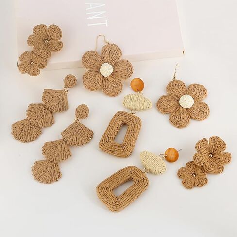 ILGANT 4 Pairs Handmade Boho Flower Earrings Set for Women, Bohemian Rattan Dangle Drop Earrings Cute Tropical Summer Vacation Beach Jewelry Fun Fashion in Saudi Arabia