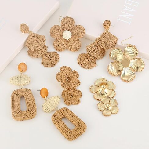 ILGANT 4 Pairs Handmade Boho Flower Earrings Set for Women, Bohemian Rattan Dangle Drop Earrings Cute Tropical Summer Vacation Beach Jewelry Fun Fashion in Saudi Arabia