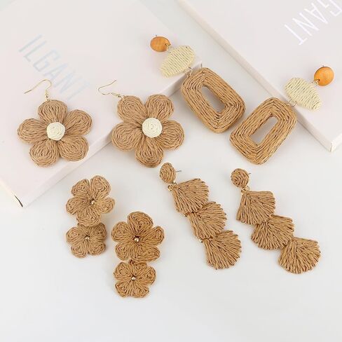 ILGANT 4 Pairs Handmade Boho Flower Earrings Set for Women, Bohemian Rattan Dangle Drop Earrings Cute Tropical Summer Vacation Beach Jewelry Fun Fashion in Saudi Arabia