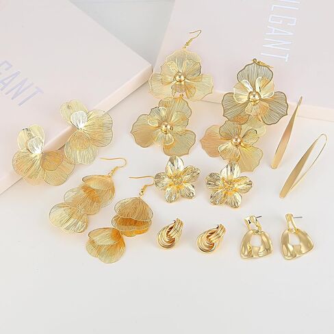 ILGANT Gold Flower Earrings Set for Women Chunky Gold Statement Earrings Big Plated Dangle Flower Jewelry for Women in Saudi Arabia