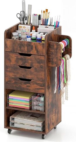 Giantex Craft Storage Cart - Utility Organizer Cart with 3 Drawers, 3 Shelves, 3 Slotted Compartments, 2 Rolling Rods, Crafting Sewing Cabinet on Wheels for Wrapping Paper Scrapbook Ribbon (White) in Kuwait