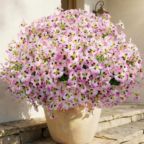 12 Bundles Artificial Pansy Flowers for Outdoor, UV Resistant Faux Silk Pansies for Window Box Planter, Fake Spring Flowers for Front Door Porch Patio Yard Decor (White Purple) in Saudi Arabia