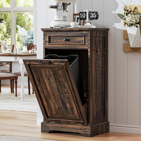 AHB 13 Gallon Tilt Out Trash Cabinet Kitchen Waste Bins, Laundry Hamper Tilt Out Pet Proof Hidden Trash Bin for Kitchen Living Room, Antique White and Brown in Kuwait