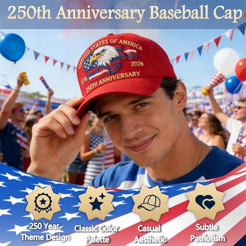 250th Anniversary USA Hat, Eagle & Flag Embroidered United States 250 Year American Anniversary Hat, Patriotic Hats for Men (US, Alpha, One Size, Red) in Saudi Arabia