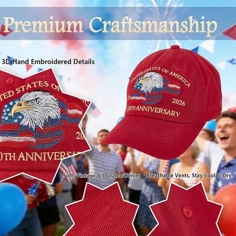 250th Anniversary USA Hat, Eagle & Flag Embroidered United States 250 Year American Anniversary Hat, Patriotic Hats for Men (US, Alpha, One Size, Red) in Saudi Arabia