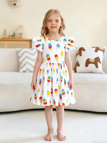 Girls Summer Dress Ruffle Sleeve Swing Midi Casual Sundress Playwear in Kuwait
