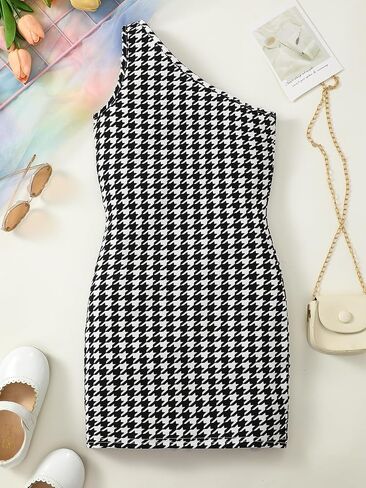 Girls Houndstooth One-Shoulder Bodycon Dress Asymmetrical Neck Dress Casual Chic Fitted Party Outfit in Kuwait