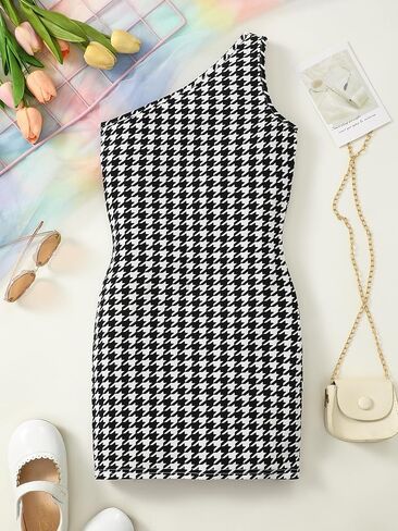 Girls Houndstooth One-Shoulder Bodycon Dress Asymmetrical Neck Dress Casual Chic Fitted Party Outfit in Kuwait
