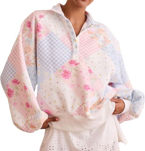 SOLILOQUY Women's Y2K Floral Patchwork Sweatshirt Oversized Half Button Collared Loose Vintage Boho Pullover Top Streetwear in Kuwait