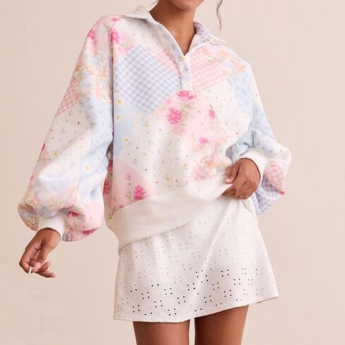 SOLILOQUY Women's Y2K Floral Patchwork Sweatshirt Oversized Half Button Collared Loose Vintage Boho Pullover Top Streetwear in Kuwait