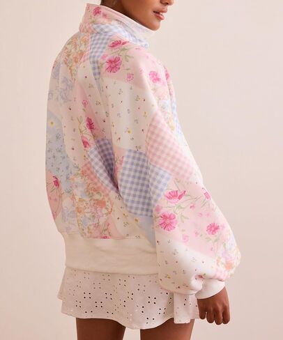 SOLILOQUY Women's Y2K Floral Patchwork Sweatshirt Oversized Half Button Collared Loose Vintage Boho Pullover Top Streetwear in Kuwait