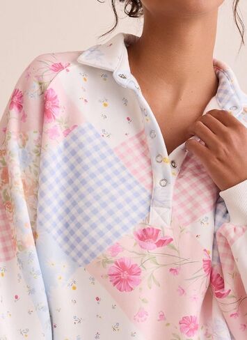 SOLILOQUY Women's Y2K Floral Patchwork Sweatshirt Oversized Half Button Collared Loose Vintage Boho Pullover Top Streetwear in Kuwait