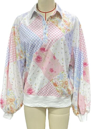 SOLILOQUY Women's Y2K Floral Patchwork Sweatshirt Oversized Half Button Collared Loose Vintage Boho Pullover Top Streetwear in Kuwait