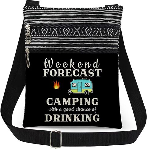 Weekend Adventure Adjustable Strap Crossbody Bag Camping Forecast Print with Tent Fire and Trailer Art Messenger Bag for Outdoor Adults Birthday Gift for Friend or Camping Lover (Black) in Kuwait