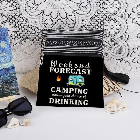 Weekend Adventure Adjustable Strap Crossbody Bag Camping Forecast Print with Tent Fire and Trailer Art Messenger Bag for Outdoor Adults Birthday Gift for Friend or Camping Lover (Black) in Kuwait